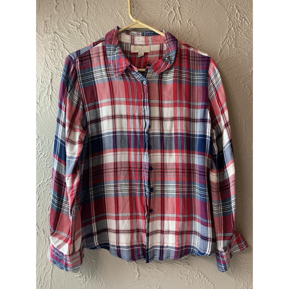 Olive + Oak Red White Blue Plaid Button‎ Front Womens Size Medium Long Sleeve